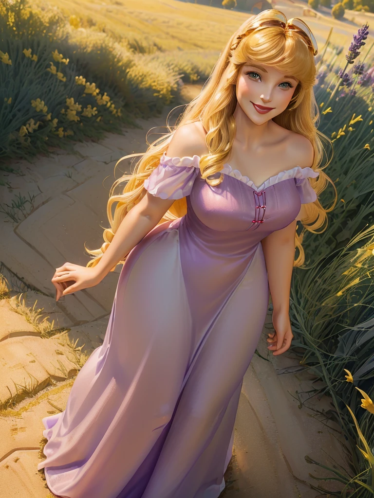 (((1 girl))) DisneyAurora, 27 years old, full body view Beautiful woman (((shoulder length wavy golden blonde hair, two side up with bangs))) defined body, voluptuous, sexy, Red lipstick, hands free, (((mouth slightly open, smiling))) (((standing facing camera))) ((( short sleeve, lavender nightgown ))), in a sunlit grassy field (large_breasts:1.2) (curvy:1.1)(chubby:0.9)