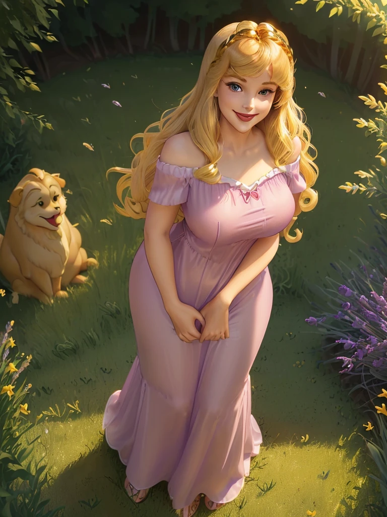 (((1 girl))) DisneyAurora, 27 years old, full body view Beautiful woman (((shoulder length wavy golden blonde hair, two side up with bangs))) defined body, voluptuous, sexy, Red lipstick, hands free, (((mouth slightly open, smiling))) (((standing facing camera))) ((( short sleeve, lavender nightgown ))), in a sunlit grassy field (large_breasts:1.2) (curvy:1.1)(chubby:0.9)