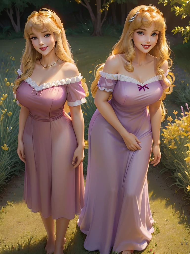 (((1 girl))) DisneyAurora, 27 years old, full body view Beautiful woman (((shoulder length wavy golden blonde hair, two side up with bangs))) defined body, voluptuous, sexy, Red lipstick, hands free, (((mouth slightly open, smiling))) (((standing facing camera))) ((( short sleeve, lavender nightgown ))), in a sunlit grassy field (large_breasts:1.2) (curvy:1.1)(chubby:0.9)