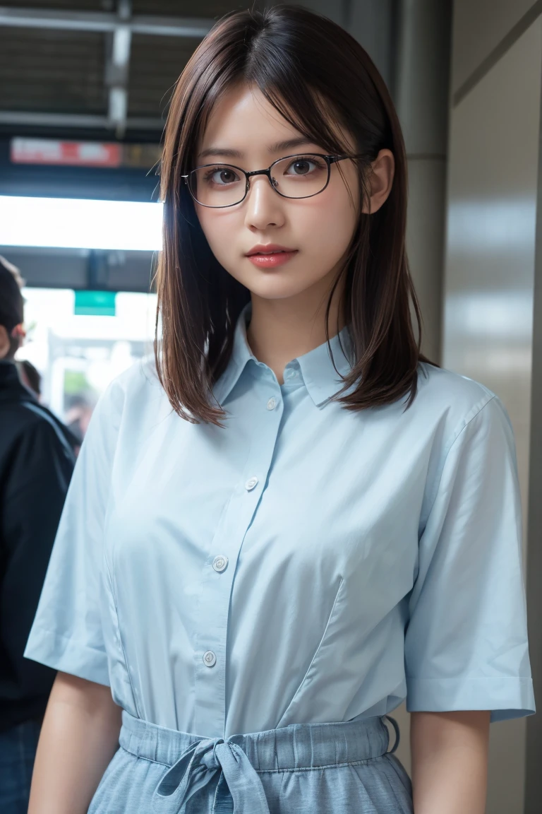 (8K、Raw photo、Highest quality、masterpiece:1.2)、(Realistic、Photorealistic:1.37)、Ultra-detailed、Ultra-high resolution、1 girl、Seeing the viewer、Beautifully detailed face、Laughter、narrow、(Slim waist) :1.3)、shortcut、Beautifully detailed skin、Skin Texture、Floating Hair、Professional Lighting、Waiting for the train on the platform、Black-rimmed square glasses 、Human whole body、Brown Hair
