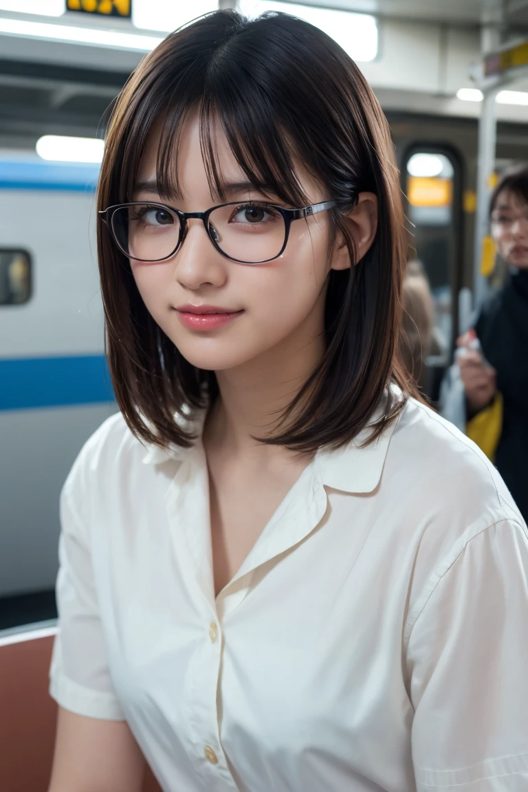 (8K、Raw photo、Highest quality、masterpiece:1.2)、(Realistic、Photorealistic:1.37)、Ultra-detailed、Ultra-high resolution、1 girl、Seeing the viewer、Beautifully detailed face、Laughter、narrow、(Slim waist) :1.3)、shortcut、Beautifully detailed skin、Skin Texture、Floating Hair、Professional Lighting、Waiting for the train on the platform、Black-rimmed square glasses 、Human whole body、Brown Hair