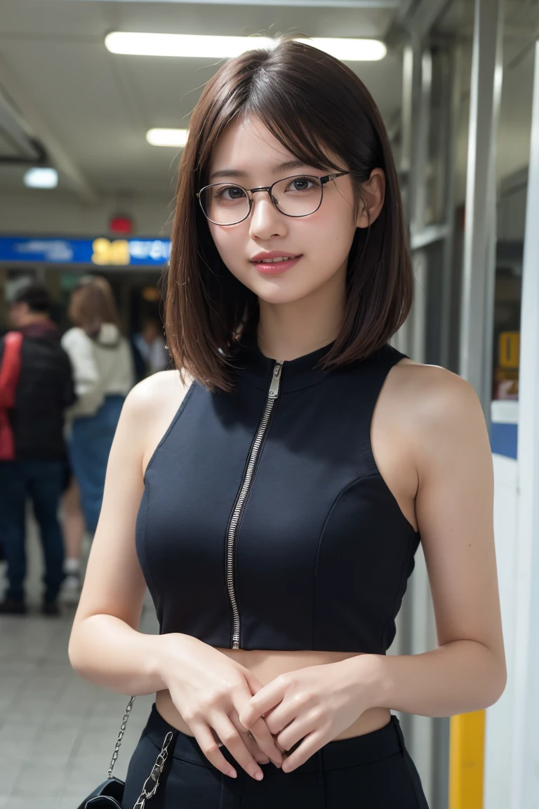 (8K、Raw photo、Highest quality、masterpiece:1.2)、(Realistic、Photorealistic:1.37)、Ultra-detailed、Ultra-high resolution、1 girl、Seeing the viewer、Beautifully detailed face、Laughter、narrow、(Slim waist) :1.3)、shortcut、Beautifully detailed skin、Skin Texture、Floating Hair、Professional Lighting、Waiting for the train on the platform、Black-rimmed square glasses 、Human whole body、Brown Hair