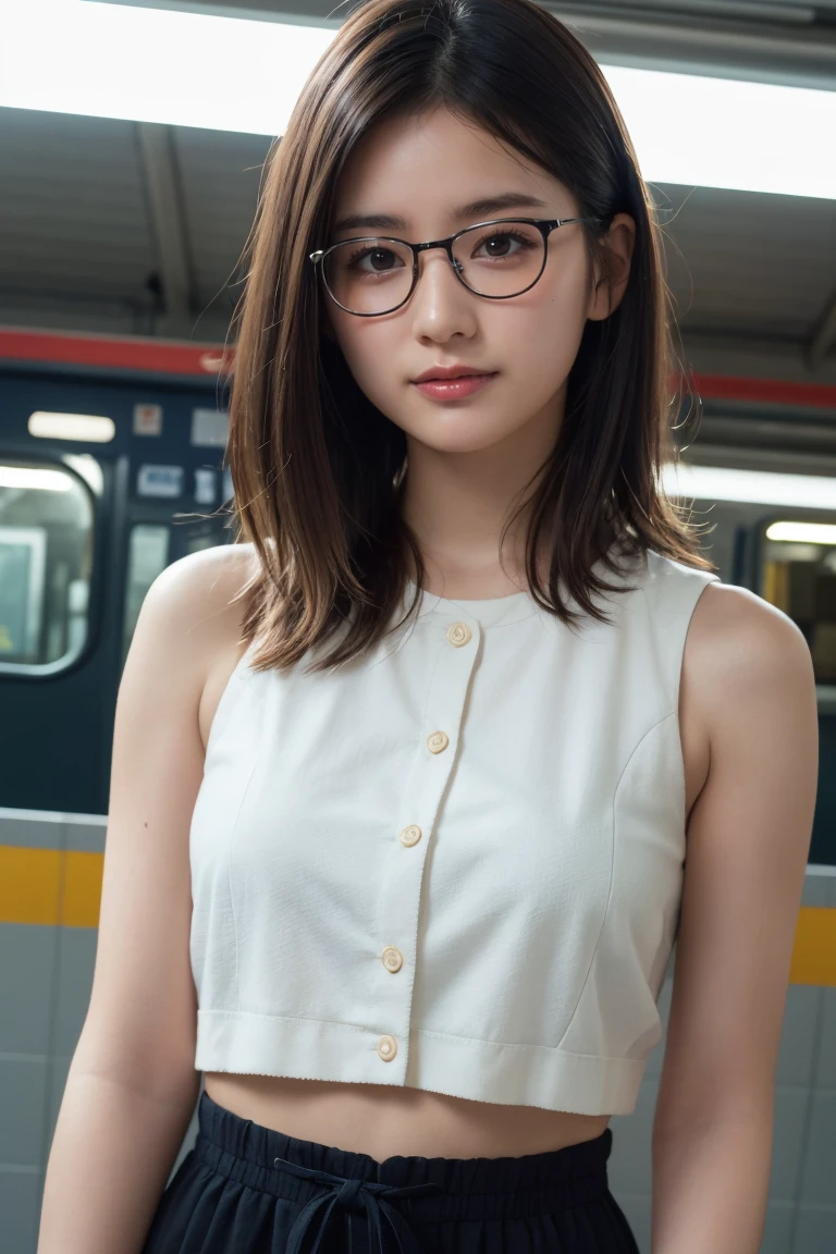 (8K、Raw photo、Highest quality、masterpiece:1.2)、(Realistic、Photorealistic:1.37)、Ultra-detailed、Ultra-high resolution、1 girl、Seeing the viewer、Beautifully detailed face、Laughter、narrow、(Slim waist) :1.3)、shortcut、Beautifully detailed skin、Skin Texture、Floating Hair、Professional Lighting、Waiting for the train on the platform、Black-rimmed square glasses 、Human whole body、Brown Hair