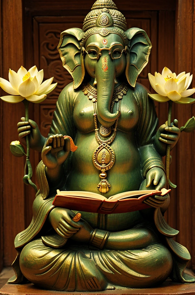A Ganesha sit on the lotus who reading book. Side of Ganesha have a women wearing glasses listens Ganesha and studying together with Ganesha