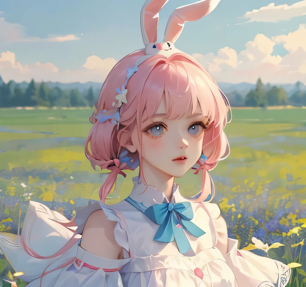 (high quality) (best quality) (a woman) (correct physiognomy) Woman, pink hair with bangs on her forehead, Bunny ears on her head, blue eyes, tender lips, middle age, a cute white dress style lolita, lighting of the photo: sunlight, It is in the middle of a field of flowers