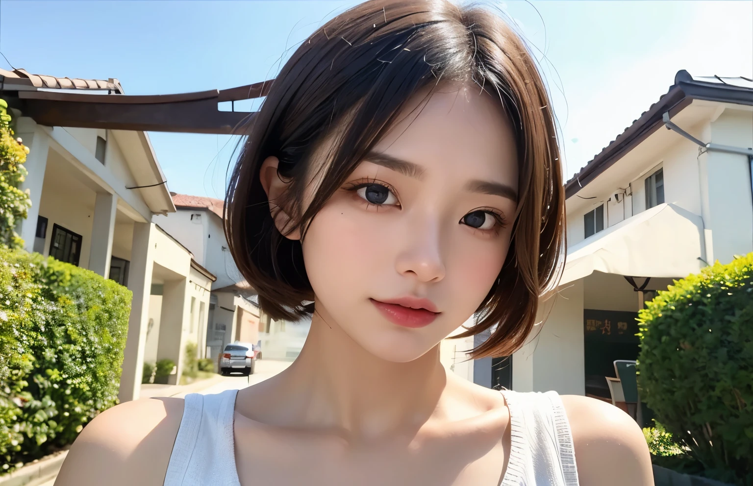 1 Taiwan model, Hair Model, Unique hair details, Tシャツにジーンズ, double eyelid, Very short hair、Blonde-like brown hair、View from below、Tear bags are large、Mole under right eye、fjat chest、Embarrassed look、26 years old、Taiwanese women、twilight、garden