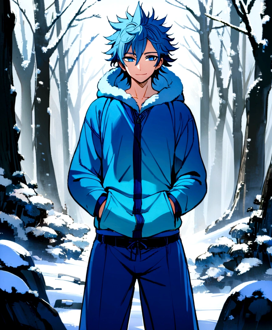 1 man, mid 20s, handsome, hot, (Spiky, thick and messy hair),(Silver blue ombre hair), (Blue eyes), Blue jacket with fluffy hood, blue belt, martial arts pants, blue sneakers), snowy forest, (hands in pockets, slight smile), 8k, masterpiece