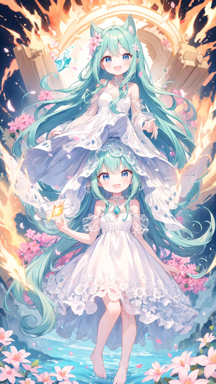 kawaii, cute, ((nude)),new, cg, phantom, transparency, holography, colorful, original, various, Hyper detailed masterpiece, dynamic, great quality, hyper-detailed masterpiece, dynamic, great quality, female magician, happy smile joy, casting, light magic, Sparkling, soft pure white light interspersed with gentle and pale yellow hues, warm, graceful, water, pink, sky, blue eyes, red, bubbles, fire, wind, garlands, soil, white, gem, (flower) petal, palace, fantasy, hip, ring, spark, sweet, cyan, lightning, Glass, crystal, Shoulder, thin, oasis,
(petite), cute, barefoot,
dark blue hair,
(red skin),
black eyes,
very long hair,
open mouth,
(stubby tail),
happy, smile,
(Melusine), curly ears,