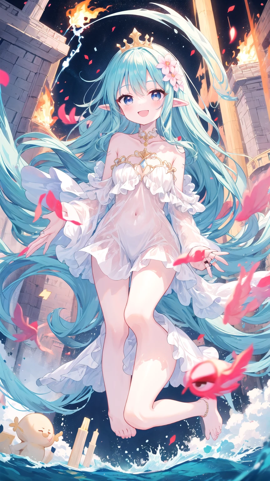 kawaii, cute, ((nude)),new, cg, phantom, transparency, holography, colorful, original, various, Hyper detailed masterpiece, dynamic, great quality, hyper-detailed masterpiece, dynamic, great quality, female magician, happy smile joy, casting, light magic, Sparkling, soft pure white light interspersed with gentle and pale yellow hues, warm, graceful, water, pink, sky, blue eyes, red, bubbles, fire, wind, garlands, soil, white, gem, (flower) petal, palace, fantasy, hip, ring, spark, sweet, cyan, lightning, Glass, crystal, Shoulder, thin, oasis,
(petite), cute, barefoot,
dark blue hair,
(red skin),
black eyes,
very long hair,
open mouth,
(stubby tail),
happy, smile,
(Melusine), curly ears,