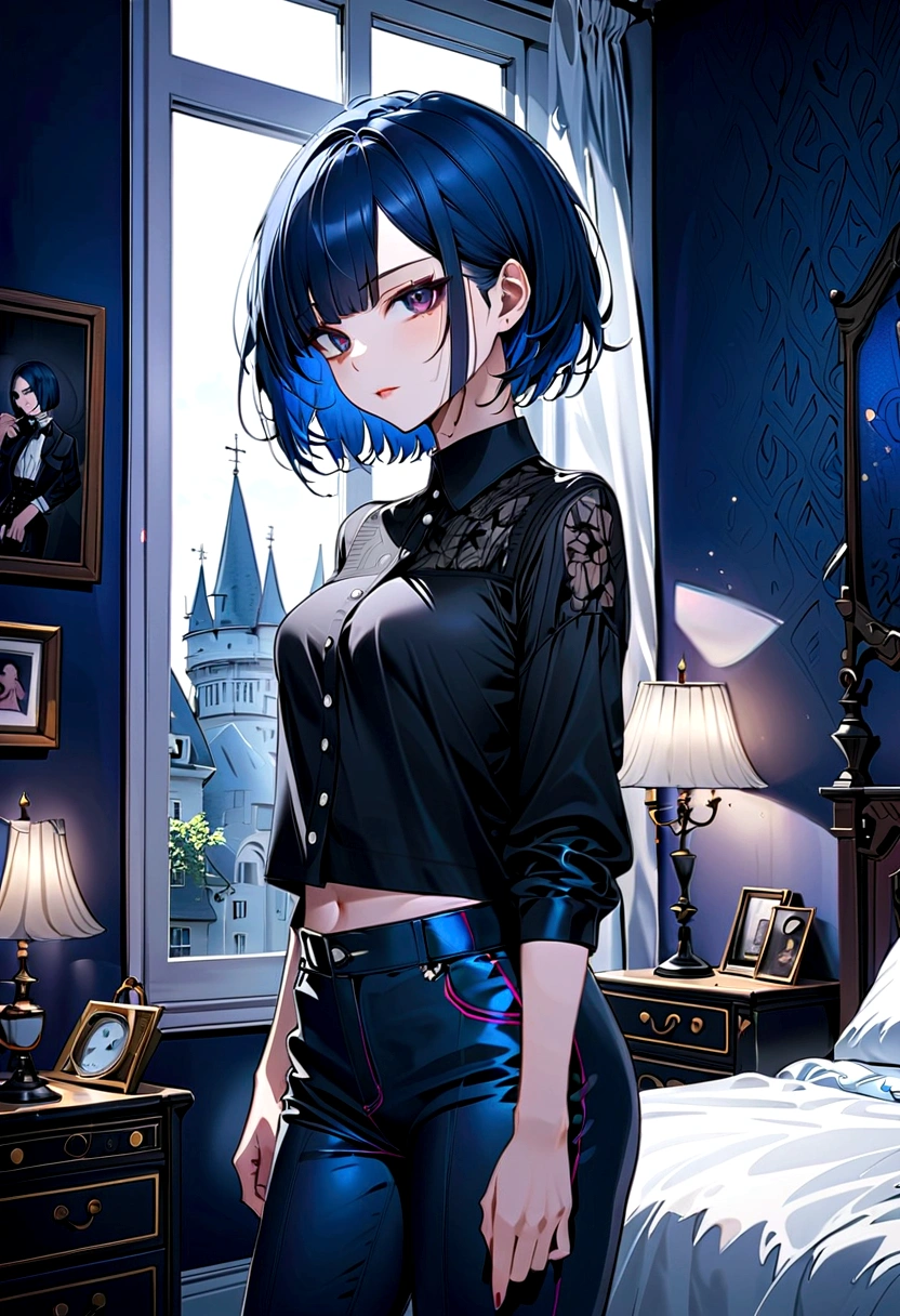 Sexy gothic girl, Pants, short hair，Blue hair ends, bedroom, 