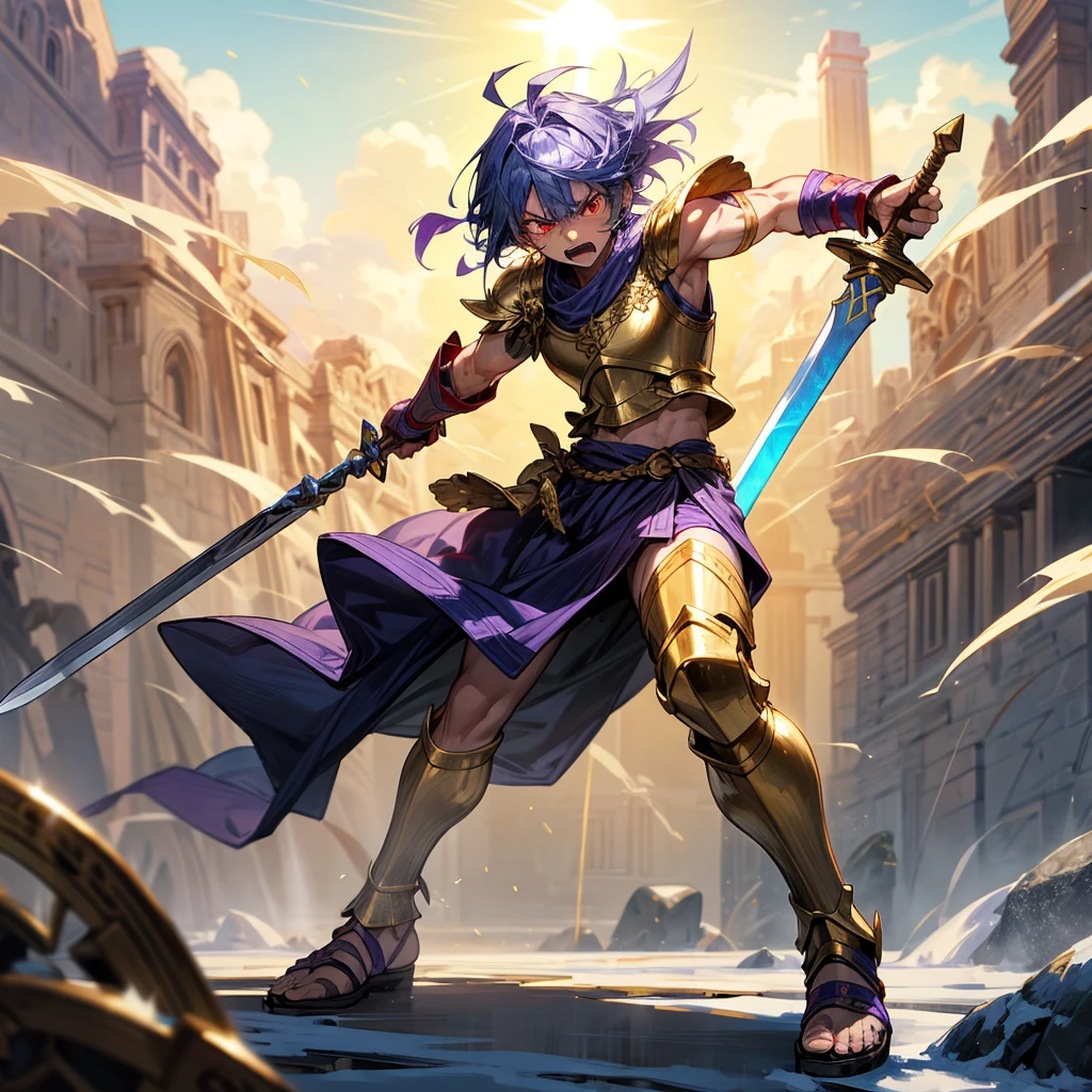1boys orc, Full body version, red eyes, purple colour skins, angry eyes, cut hair, blue colour hair, angry expression, ancient greek clothing, gladiator sandals, Rapier gold sword in hand, small shield gold, gold armor vest, Grassroots background in snow, sunlight, sun, Sun silhouette, sun glare, smoke, background clutter, damage, war gesture 