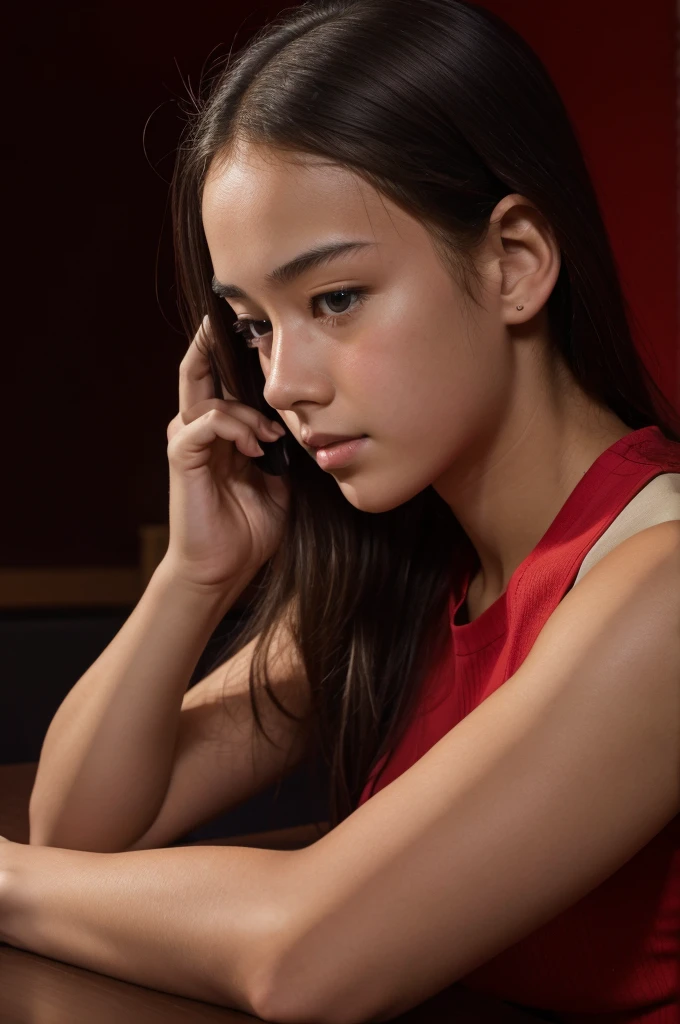 A ultra 8k quality a potrait image
pictures dark red background, in which a student doing self study and student should be more interested in using the phone instead of studying.