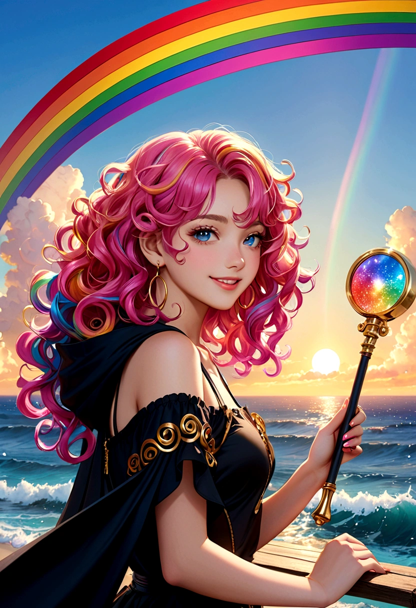 1 girl, (Rainbow Hair, Colorful hair, half blue and half pink hair: 1.2), , blue_Sky, Holding a magic wand, summer (Oceansexist), petal_exist_liquid, Black cape with hood, Red and black tattered dress, skirt: 1.2, (gold lexistg curly hair: 1.5), Sky, outdoor, cloud, 刘Ocean, Smile, Sky blue eyes, Bare shoulders, Perfect hands, Card Details, Repair finger. earrings, Ocean + background, Watching_exist_Viewer, Cowboy shooting, Top quality, Rich details, Perfect image quality, sunrise