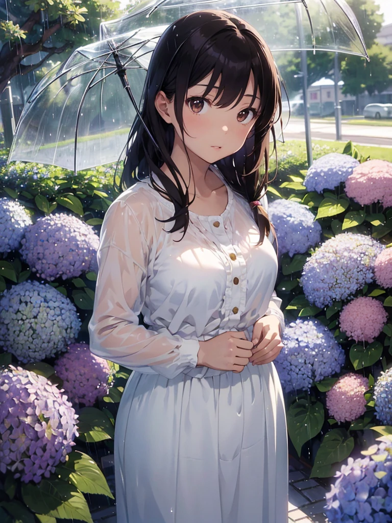 master piece, extremely detailed, high resolution, Makoto Shinkai style, Rainy season weather, Looking up at the sky with a transparent umbrella, Long Straight Hair, Brown Hair, White blouse, Long skirt, Mid-chest, Narrow waist, Glossy, plump lips, Shiny Hair, A background of many blooming hydrangeas
