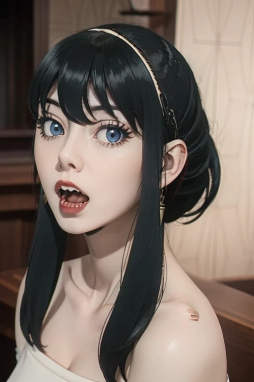 Masterpiece, Best Quality,  gothic girl, clavicle, looking at the viewer stunning blue eyes, white skin eyeliner, perfect detailed 12k, hair with bangs , Beautiful face,Open mouth, to bite, teeth fangs vampire,  lipstick negro,  voluminous and sensual lips, big and heavy bust 
