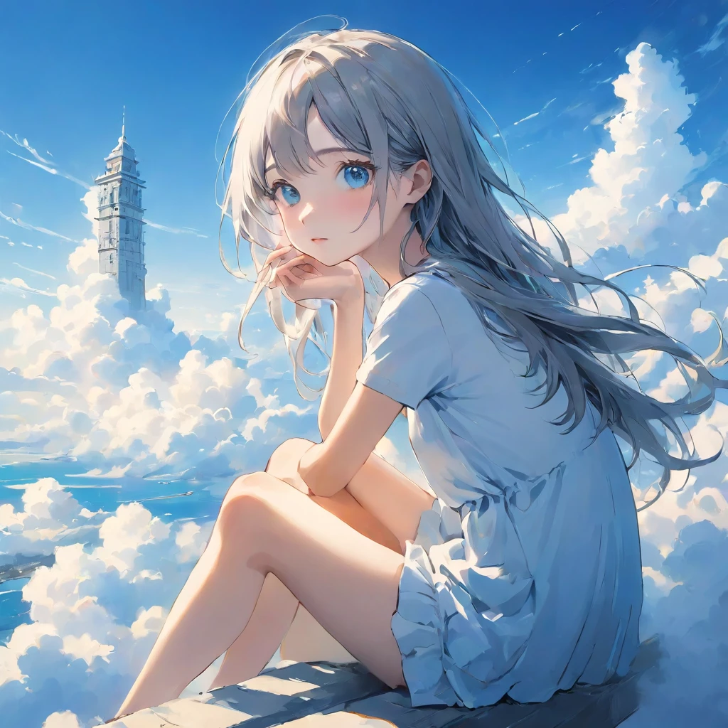 finely detailed illustration, vibrant color,High resolution、8k、pretty girl、One Girl、Perfect and detailed eye drawing、Highest quality、masterpiece、detailed eye and face, A thin tower stretching high into the sky、Cylindrical tower、sea of clouds、blue sky、Sitting cross-legged、Hair blowing in the wind、Gray Hair、Girl staring into the distance、White clothes、barefoot、Full body angle、sea of clouds