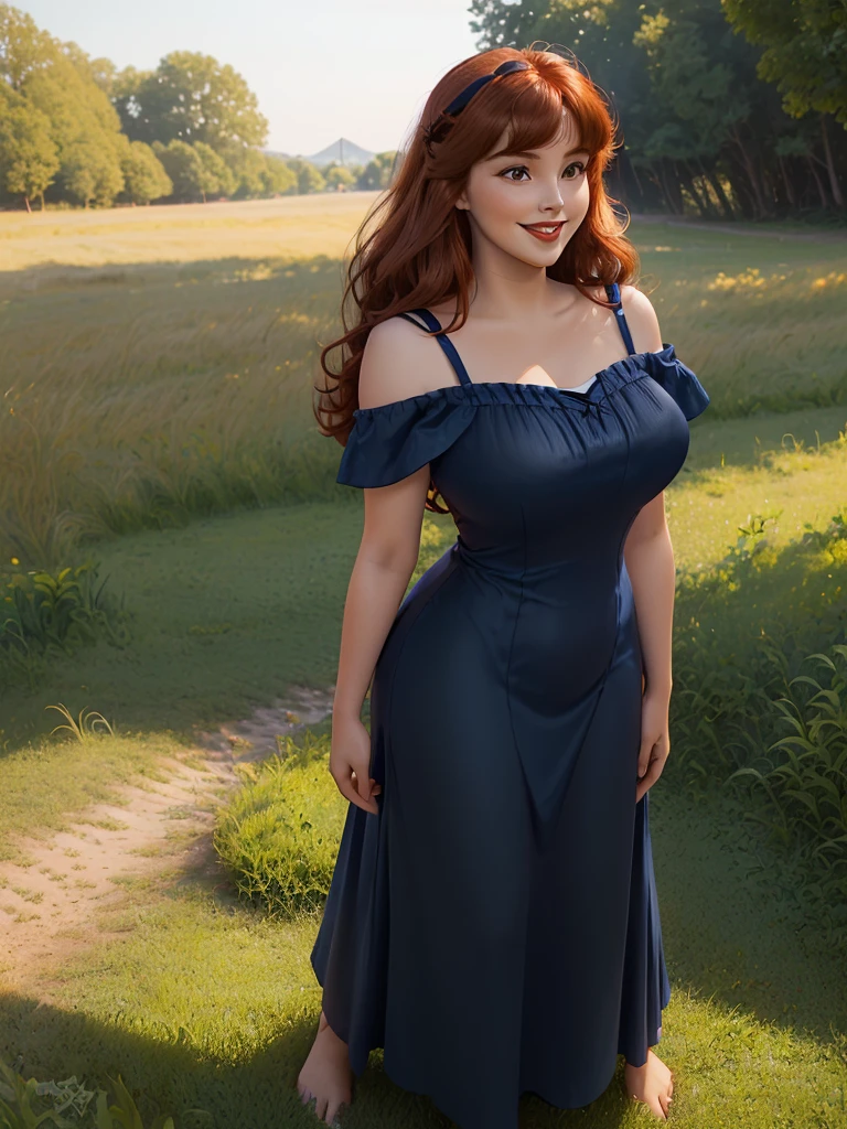 (((1 girl))) DisneyAurora, 27 years old, full body view Beautiful woman (((shoulder length wavy auburn hair, two side up with bangs))) defined body, voluptuous, sexy, Red lipstick, hands free, (((mouth slightly open, smiling))) (((standing facing camera))) ((( short sleeve, navy blue nightgown ))), in a sunlit grassy field (large_breasts:1.2) (curvy:1.1)(chubby:0.9)