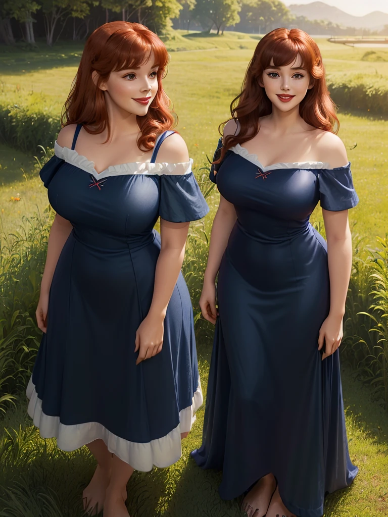 (((1 girl))) DisneyAurora, 27 years old, full body view Beautiful woman (((shoulder length wavy auburn hair, two side up with bangs))) defined body, voluptuous, sexy, Red lipstick, hands free, (((mouth slightly open, smiling))) (((standing facing camera))) ((( short sleeve, navy blue nightgown ))), in a sunlit grassy field (large_breasts:1.2) (curvy:1.1)(chubby:0.9)