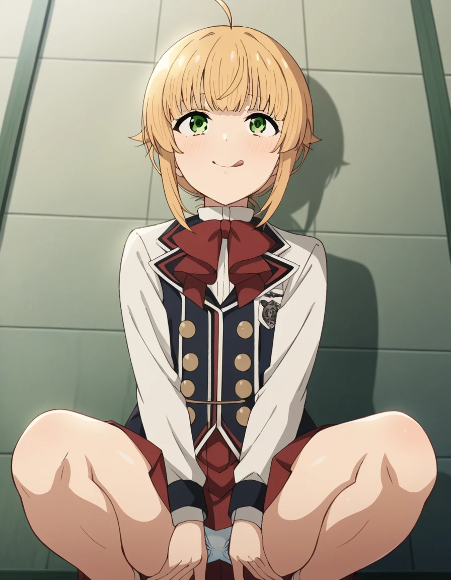 キヤノンEOS R3で撮影した32k解像度のHighest qualityのRAW写真, (From below:1.15),(masterpiece、Highest quality),Girl showing off her crotch, ,Show off your underwear,A sloppy smile, Looking up,Refreshing,Sticking out tongue,squat,Spread your legs(How :1.3)、Squatting down and showing off your crotch,Thigh close-up,squat美しいアニメの女の子, Anime girl shows off her crotch,hugging her knees,Bare thighs!!!,Detailed underwear.juliette,norn greyrat, bangs, blonde hair, green eyes, ahoge,
long sleeves, bow, , jacket, bowtie, red bow, skirt, red skirt,