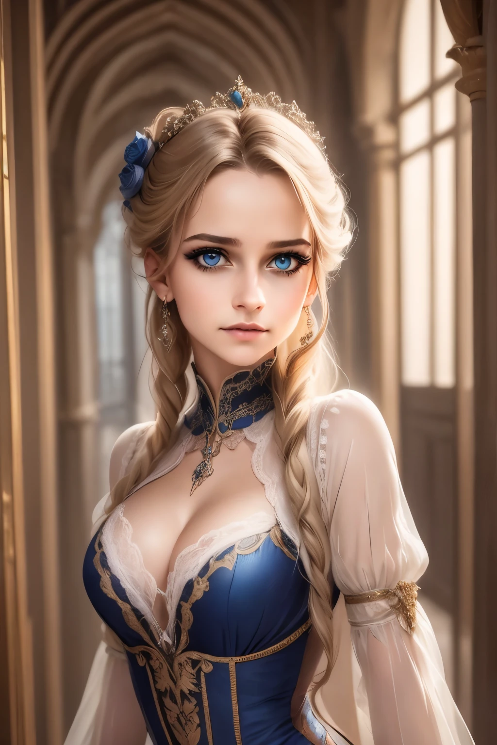 a beautiful -yeld giin a dark fantasy village, realistic, extremely detailed face and eyes, long eyelashes, delicate facial features, intricate hairstyle, ornate dress, dramatic lighting, moody atmosphere, cinematic composition, vibrant colors, photorealistic, 8k, high quality, masterpiece, City of victorian age, Europe. aristocrat girl、Looking up from below、Depiction of blonde hair blue eyes wear long sleeve sheer fabric dress、Various sexy poses、Face smile、Depicts the whole body、