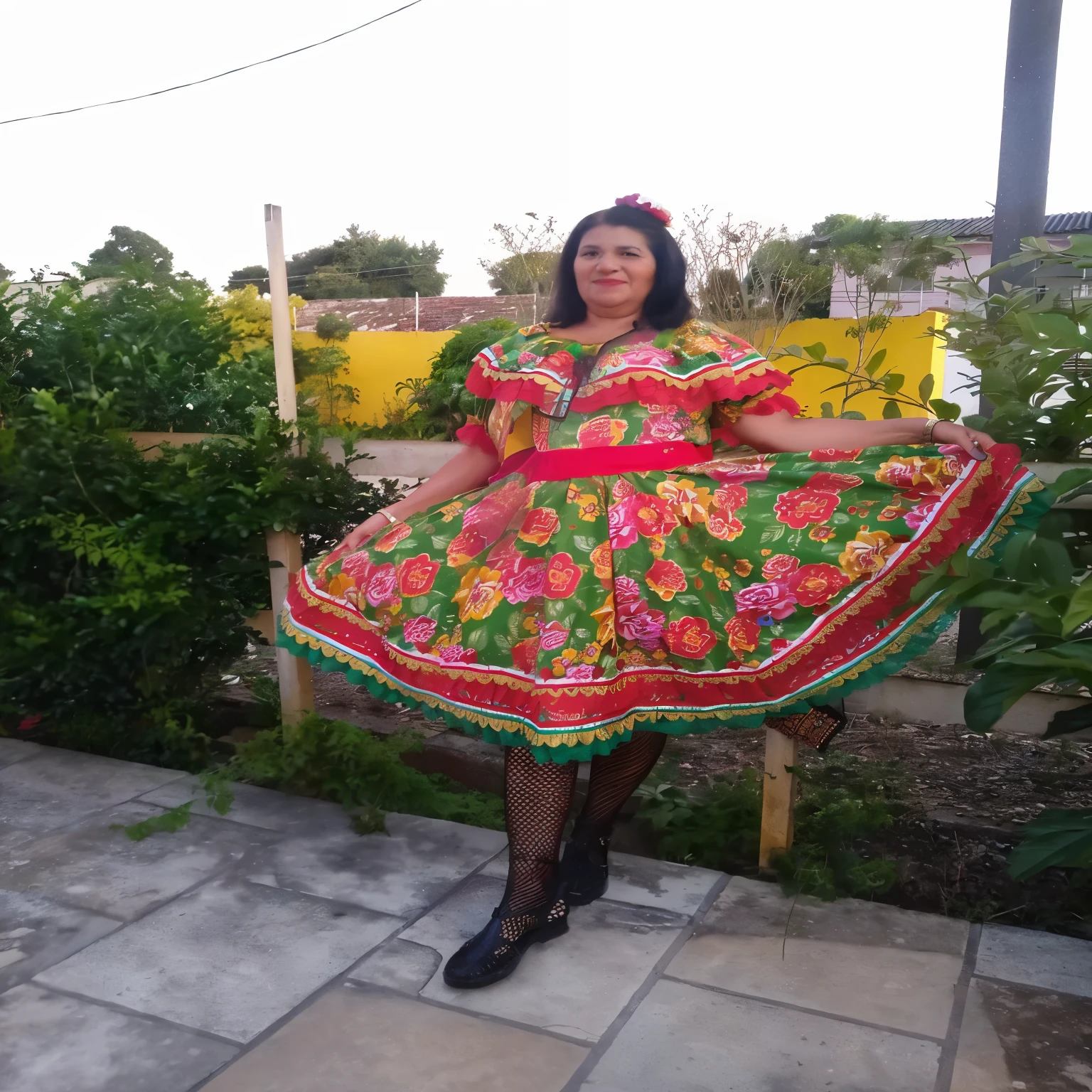 perky woman in a colorful dress standing in a courtyard, folk, Complete dress, mexican folklore, Traditional Attire, bolivian cholitas, wearing an ornate outfit, wearing floral chiton, traditional dress, she is mexican, dia de muertos dress and make up, authentic costume, wearing a wonderful dress, wearing a hawaiian dress, wearing floral chiton rosa