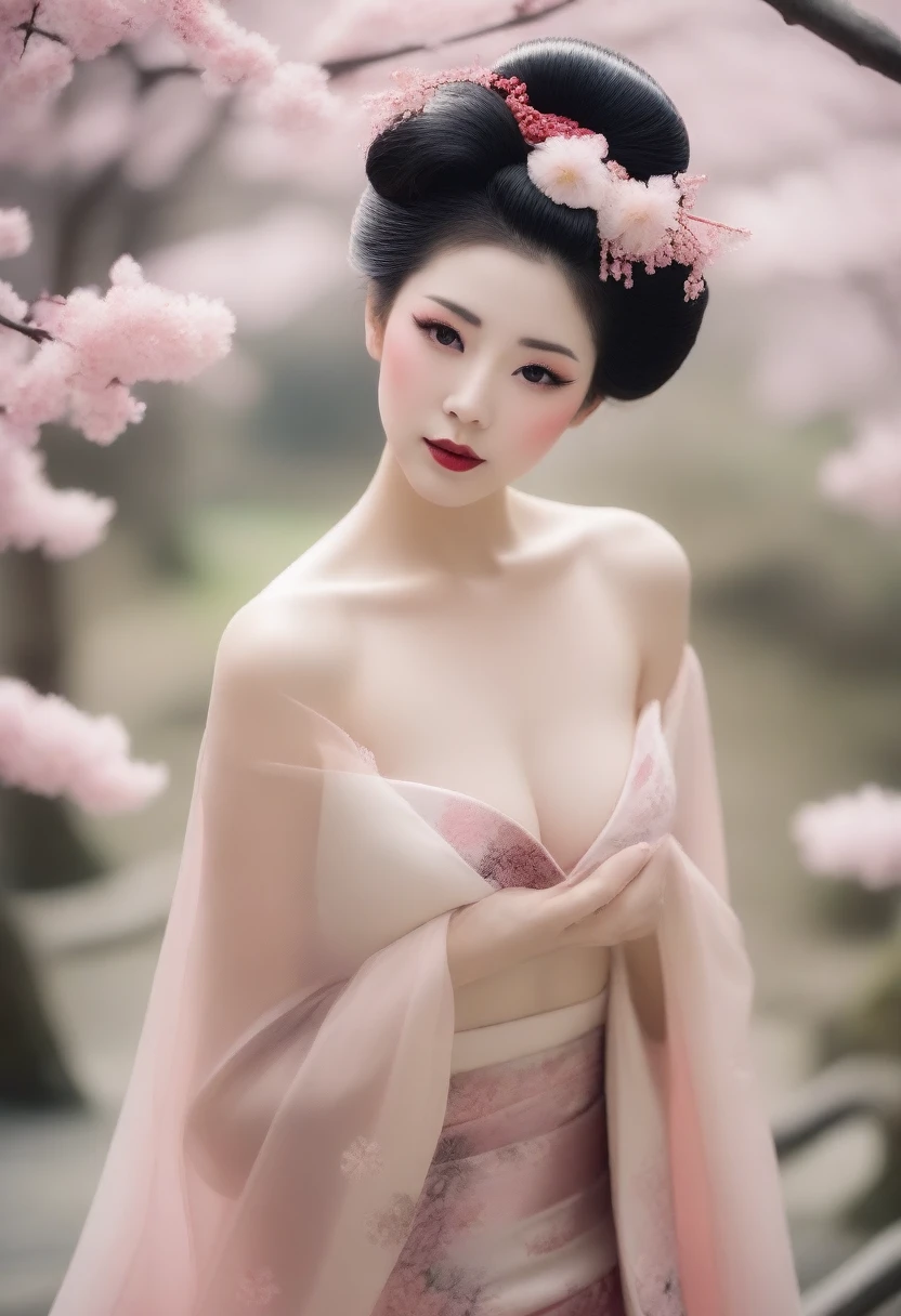 whole body beautiful geisha, (nude:1.5). geisha hair style, (slight smile:1.5), sakura garden