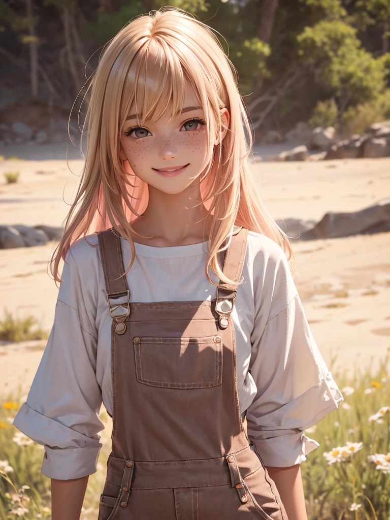 (best quality), 1girl, female, sun kissed skin, blonde hair, medium hair, swept bangs, pink streaked hair, brown eyes, perfect eyes, freckles, tomboy, overalls, slender, smile, small bust, masterpiece, anatomically correct, highres