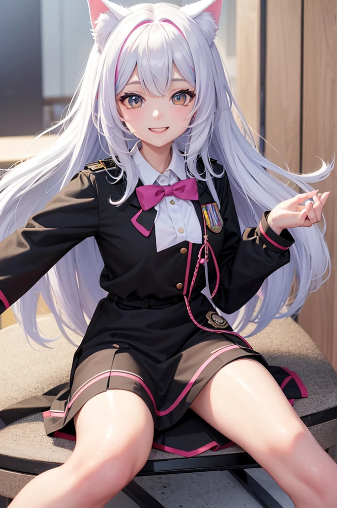 Colorful hair and colorful dress in anime ((1girl with cat ears)), schoolar uniform pastel vivid, vivid rossdraws cartoon, 4K anime-style, cute anime portrait, colorful Artgerm!!!、! dream art germ, cute anime, 1girl cat ear, anime style digital art, 4k anime art wallpaper, 4k anime art wallpaper, digital anime art, highly detailed art germ, schoolar uniform, whole body, sitting in his office, White hair, from front view, Grinning,