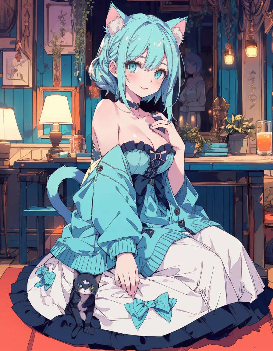 breasts out, strapless, smile, full body, mirror lake, ((masterpiece, best quality:1.5)), ((Beautiful detailed cat aqua eyes:1.2)), cat ears, pale skin, medium breasts, beautiful hands, beautiful fingers, EasyNegative