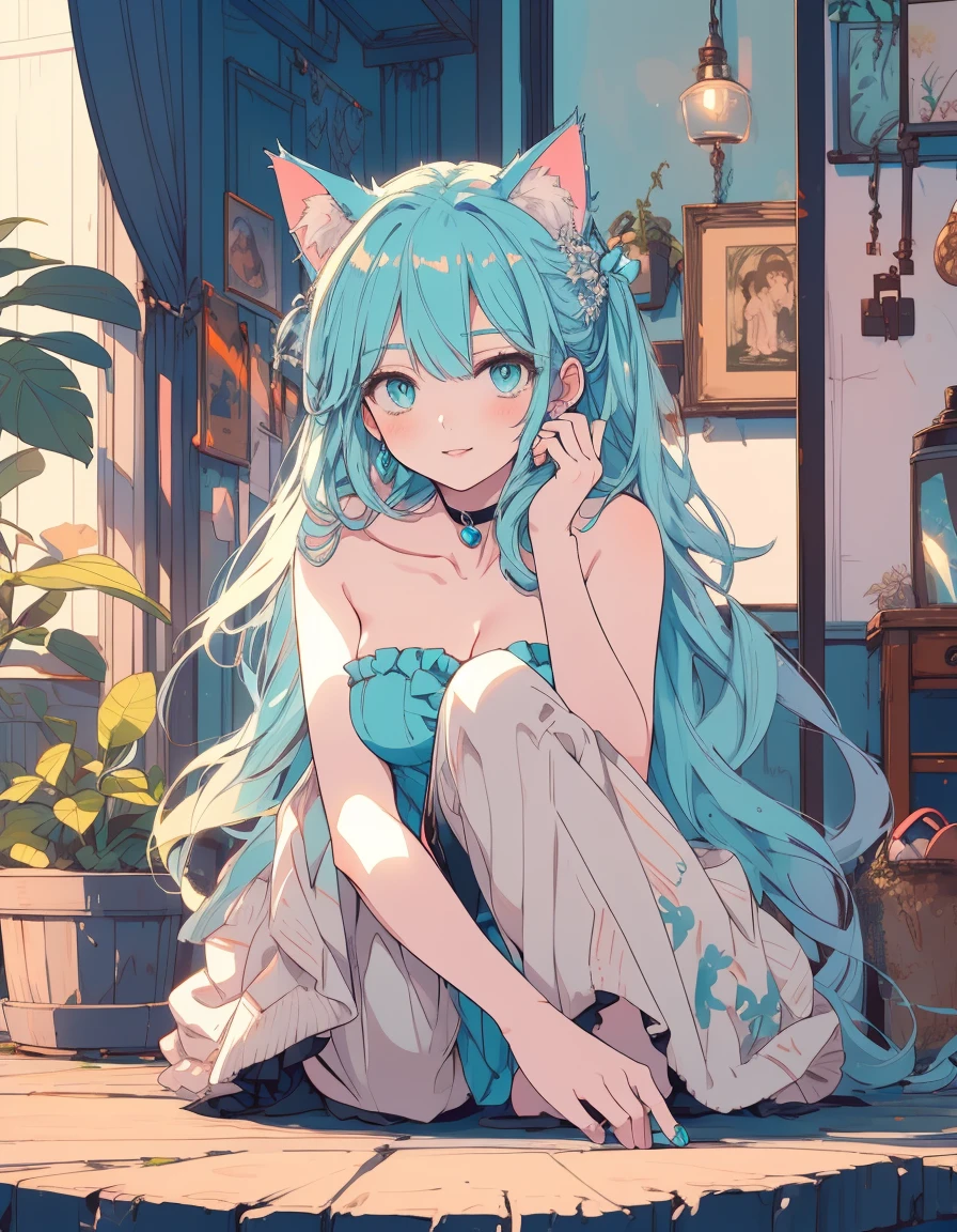 breasts out, strapless, smile, full body, mirror lake, ((masterpiece, best quality:1.5)), ((Beautiful detailed cat aqua eyes:1.2)), cat ears, pale skin, medium breasts, beautiful hands, beautiful fingers, EasyNegative