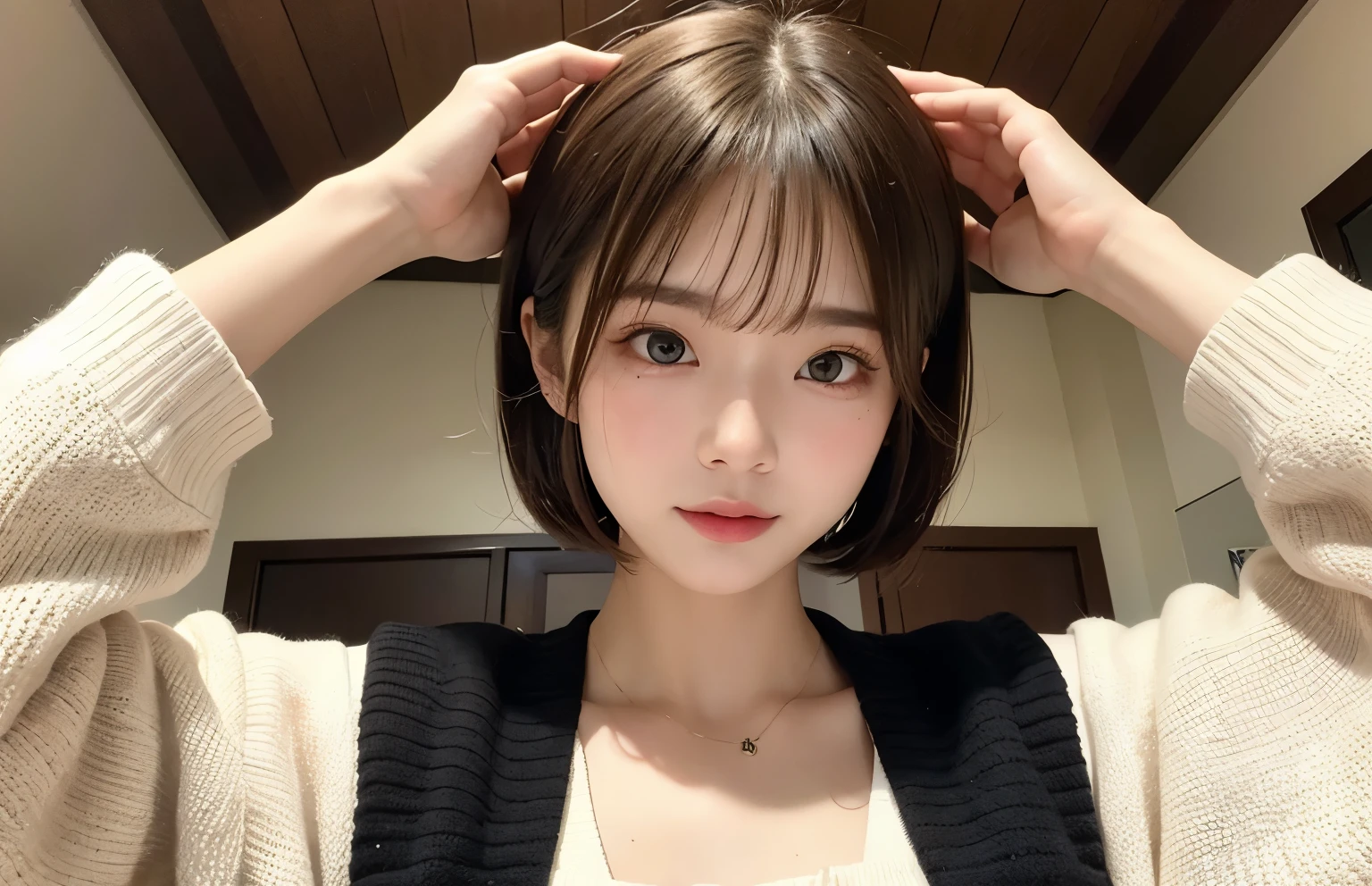 1 Taiwan model, Hair Model, Unique hair details, Knitted Cardigan, double eyelid, Very short hair、Blonde-like brown hair、カフェテラス、View from below、Tear bags are large、Mole under right eye、fjat chest、Embarrassed look、26 years old、Taiwanese women、