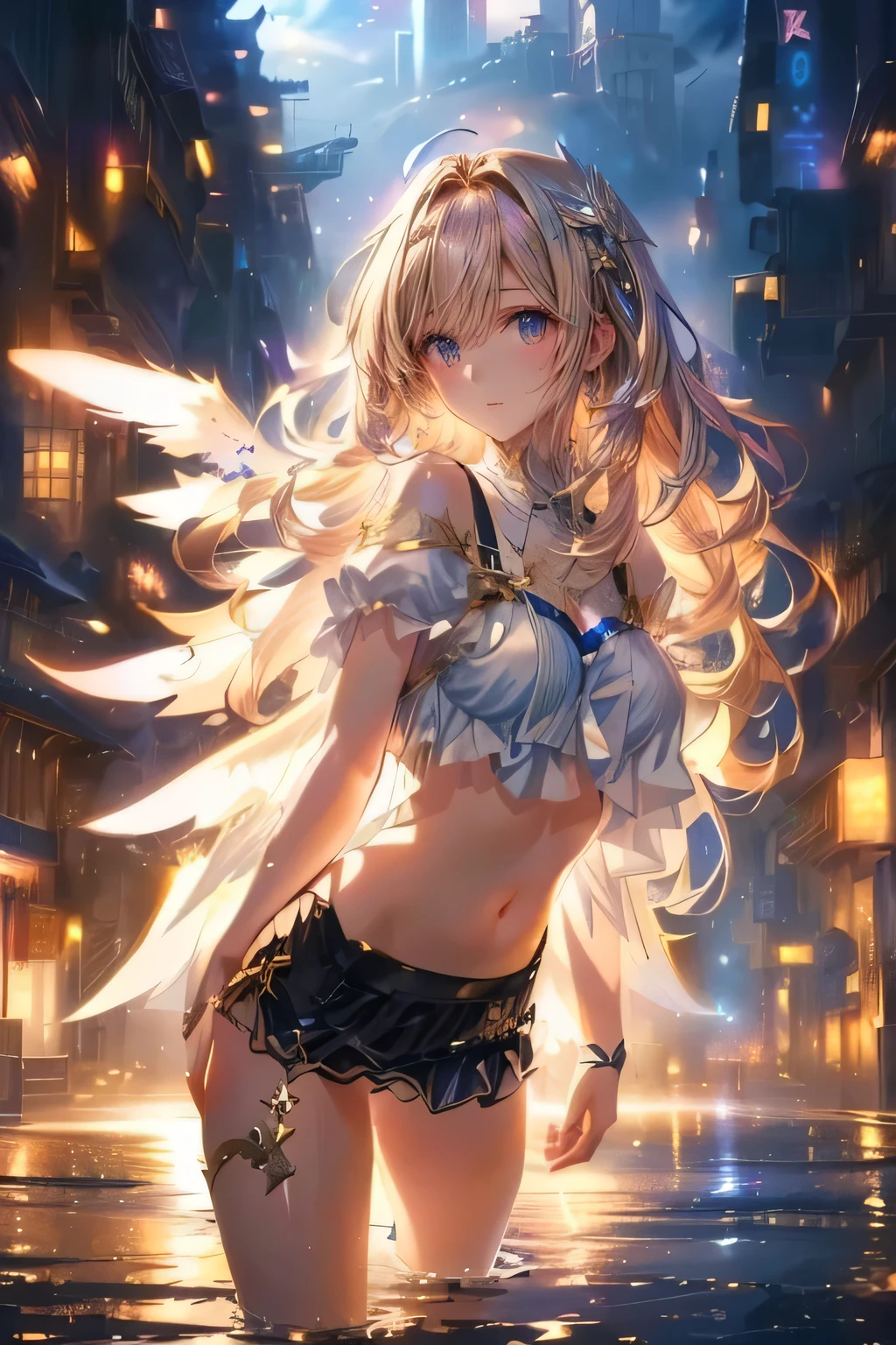 an anime girl with angel wings in a night city, beautiful detailed anime girl, anime style, 4k, extremely detailed art gem, highly detailed digital anime art, anime art wallpaper 8k, anime art wallpaper 4k, long blonde hair anime girl