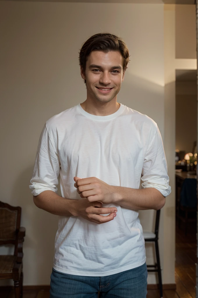 european man standing, smiling, soft light