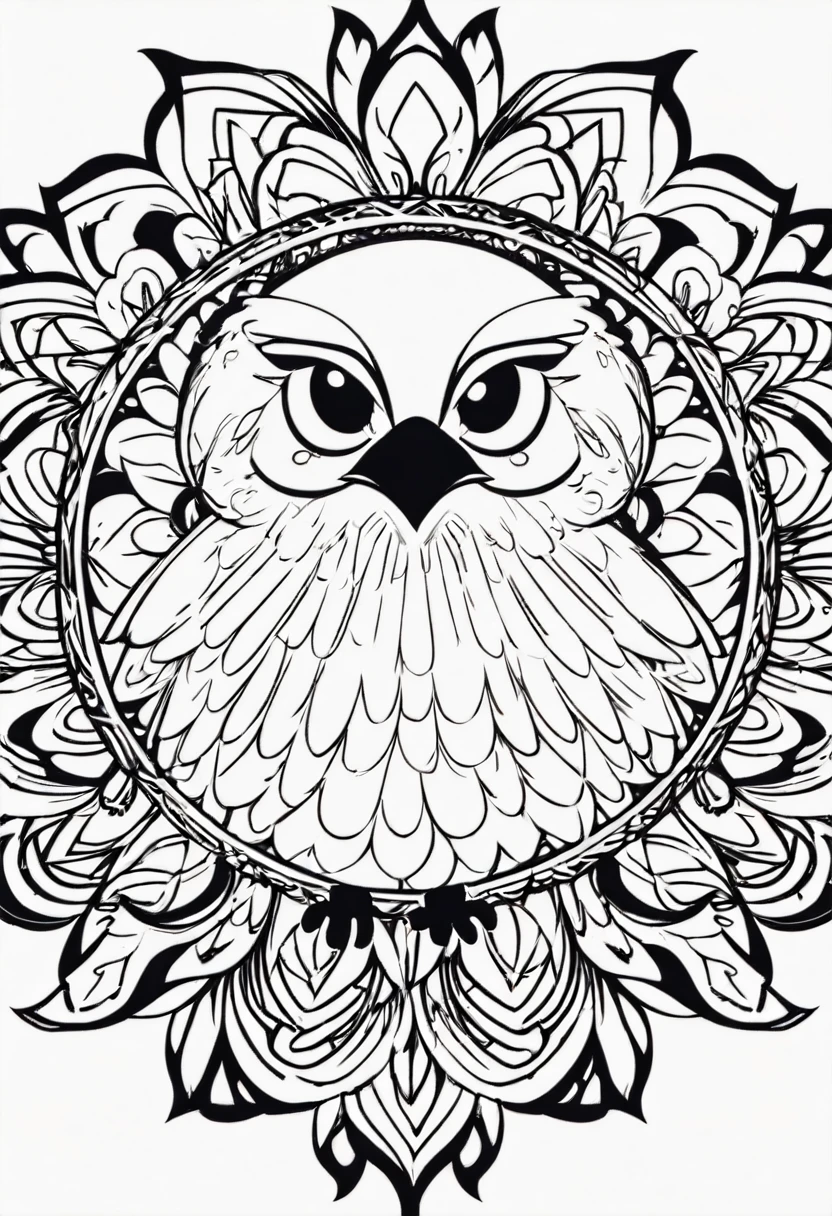 happy white and black bird, Simplified Mandala style, outline, vector, white background