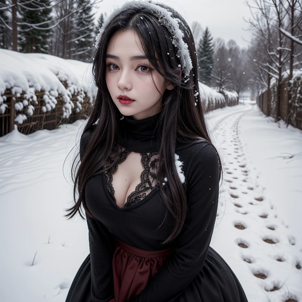 1 girl, long dark black hair, clear skin, big brown eyes, Slim appearance, big chest, covered chest, Red lips, wears a dress, layer, Farmer, medieval era, black and white color, City, PLANTS, in a hurry, snow, sueter, chuck