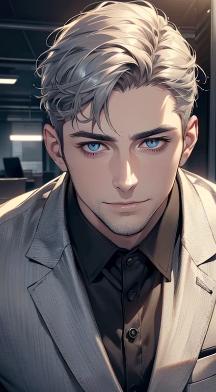 (best quality,4k,8k,highres,masterpiece:1.2),ultra-detailed,(realistic,photorealistic,photo-realistic:1.37),1 man,31 years old,mature man,very handsome,without expression,smile,short grey hair,blue eyes,penetrating gaze,perfect face without errors,imposing posture,businessman,office background,cinematic lighting,hdr image