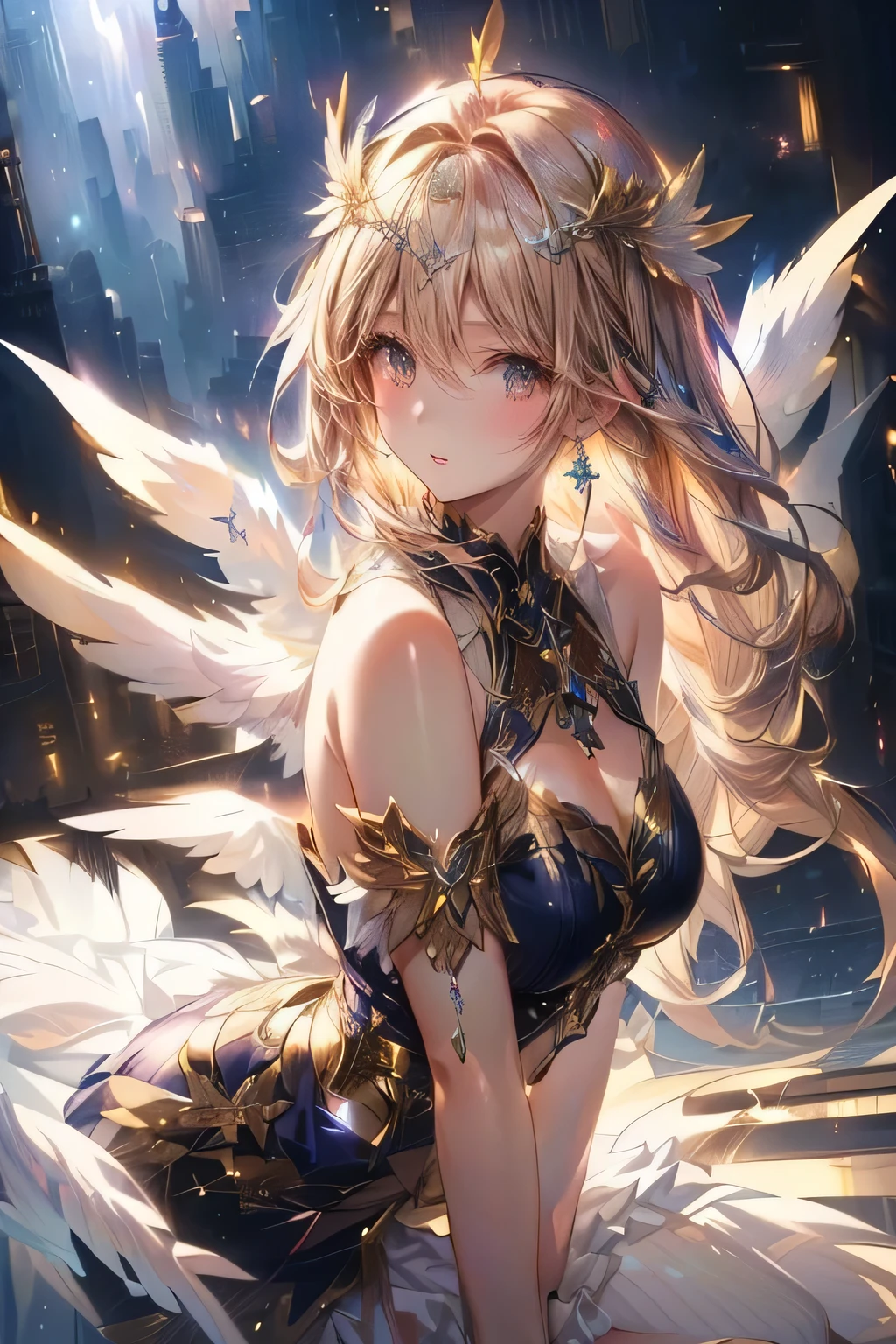 an anime girl with angel wings in a night city, beautiful detailed anime girl, anime style, 4k, extremely detailed art gem, highly detailed digital anime art, anime art wallpaper 8k, anime art wallpaper 4k, long blonde hair anime girl