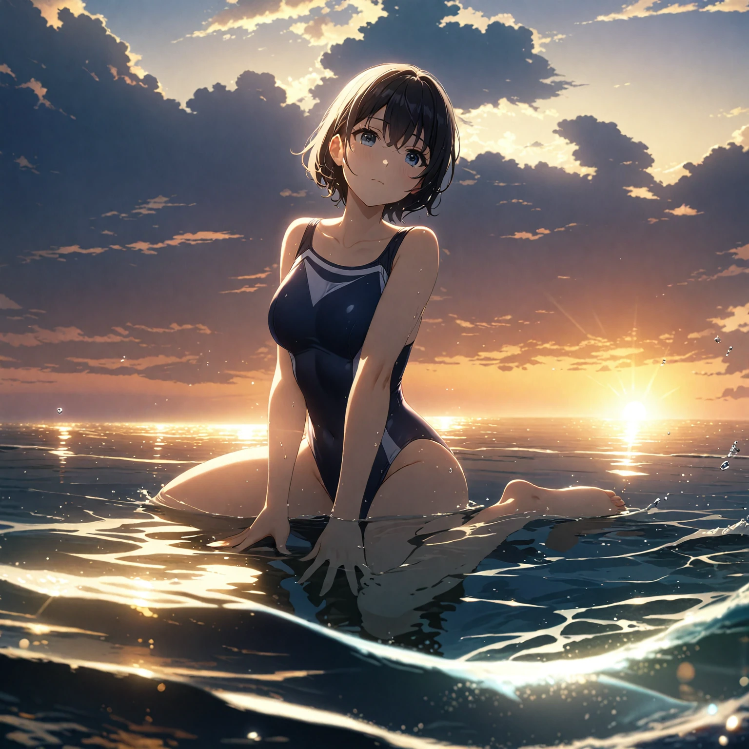 1girl、Black Hair、Navy blue swimsuit、Ocean、Oceanに浸かる、In the water、evening、Reflection on the water、透明なOcean、deep faint light 、 detailed CG、high resolution