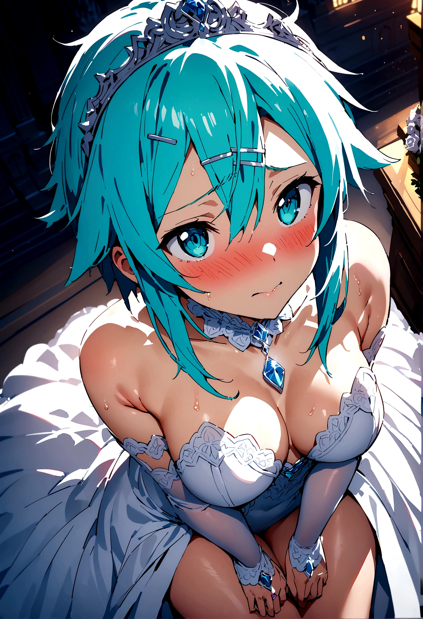NSFW,masterpiece,Highest quality,High resolution,Super detailed,Sinon\(Sword Art Online\),(High quality sexy wedding dress),High-quality wedding lingerie,Wedding Veil,tiara,gem, hair ornaments, Hair Clip,wedding ring,Embarrassed,expectant face,(Lust),blush,Church at night in the moonlight,Luxurious Room,wedding,From above,Open your arms and put them forward