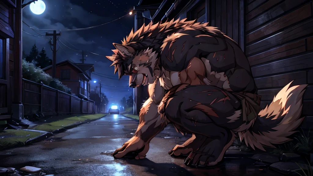 A hairy werewolf abandoned on the side of the road at night, muscular, athletic, sentimental, delicate features, bright colors, anime style, realistic, 8k, super detailed, representative, with scars and features. Bright eyes and teeth, tall and handsome, beautiful hair, special color. Tearful, unwilling, ragged, unhappy; Frustrated, crouched on the ground, weeping