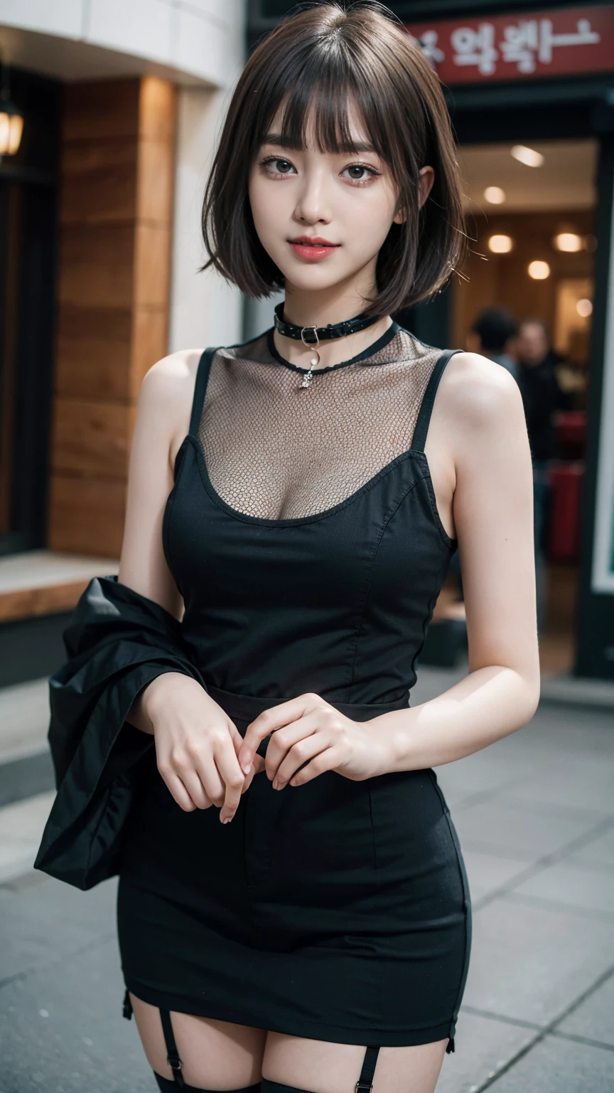 (best quality, masterpiece:1.3), (actual, photo actual:1.3), ultra high resolution, ultra high definition, Extremely detailed CG unified 8k wallpaper, (actual skin, Delicate skin), (perfect anatomy), (official art, Beautiful and beautiful), (generous smile:1.3), (seductive face:1.3), (korean woman:1.3), alone, depth of field, street，(big breasts:1.1)，(medium full shot:1.5)，（mesh maxi dress:1.3), （curvy hips:1.1), (collar), (naturally look at camera:1.3), (blunt bangs:1.5), (stockings)