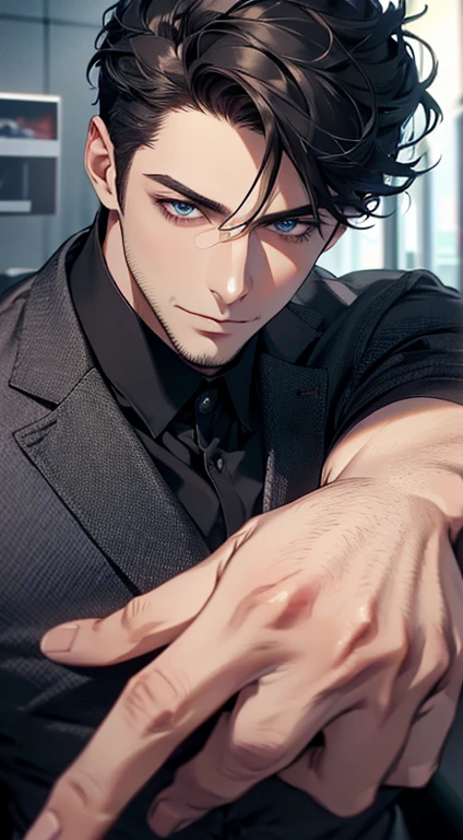 (best quality,4k,8k,highres,masterpiece:1.2),ultra-detailed,(realistic,photorealistic,photo-realistic:1.37),1 man,31 years old,mature man,very handsome,without expression,smile,short grey black hair,blue eyes,penetrating gaze,perfect face without errors,imposing posture,businessman,office background,cinematic lighting,hdr image