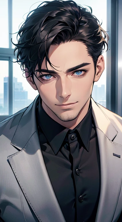 (best quality,4k,8k,highres,masterpiece:1.2),ultra-detailed,(realistic,photorealistic,photo-realistic:1.37),1 man,31 years old,mature man,very handsome,without expression,smile,short grey black hair,blue eyes,penetrating gaze,perfect face without errors,imposing posture,businessman,office background,cinematic lighting,hdr image