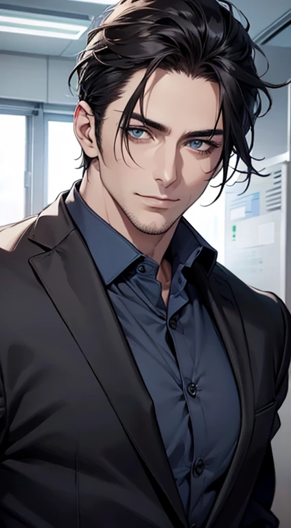 (best quality,4k,8k,highres,masterpiece:1.2),ultra-detailed,(realistic,photorealistic,photo-realistic:1.37),1 man,31 years old,mature man,very handsome,without expression,smile,short grey black hair,blue eyes,penetrating gaze,perfect face without errors,imposing posture,businessman,office background,cinematic lighting,hdr image