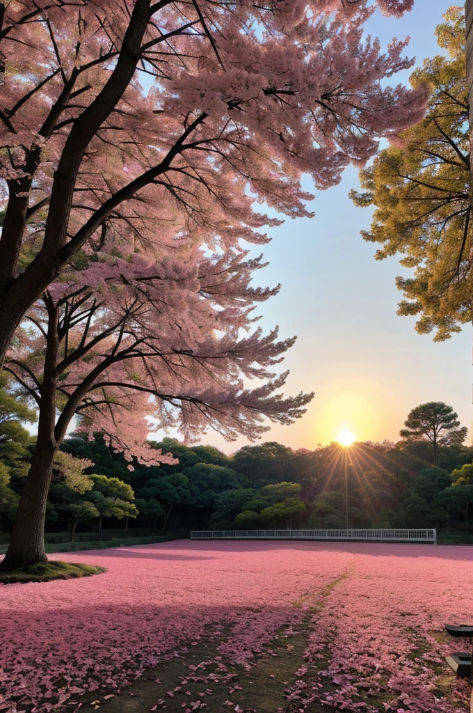 Landscape of pink trees, japanese tickets and the sun going down 