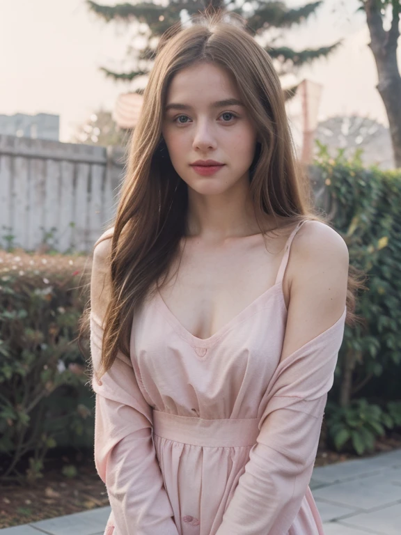 ((best quality)), ((masterpiece)), (detailed), 8k, RAW photo, Fujifilm, style photo of a beautiful young woman as avril in a garden of light pink roses (highly detailed skin: 1.2) Style-Petal BREAK long hair, blonde hair with colored locks, wearing a dress, film granulation, 35mm, cute style