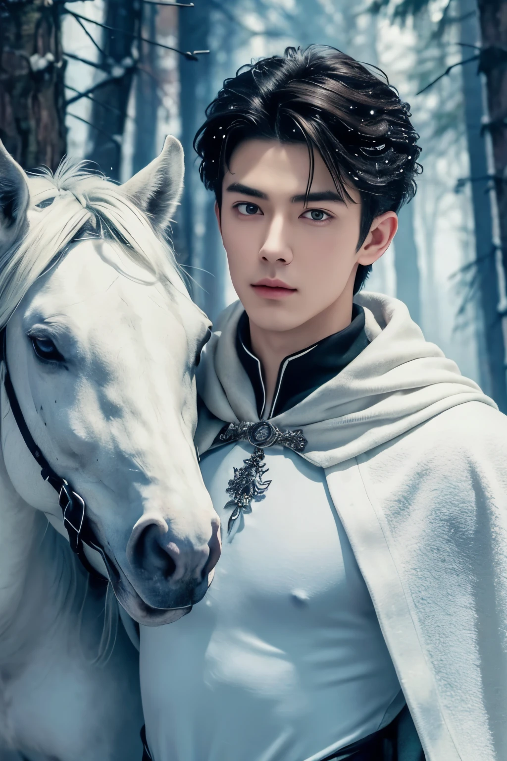 (height, Very detailed, HDR), Masterpiece, complicated details, The best quality close-up images of Handsome young man in Tim Burton style, anime eyes, ancient hero winter  custom, perfect chest muscular .riding a white horse in the snow forest, Detailed characters, Kenouji Art