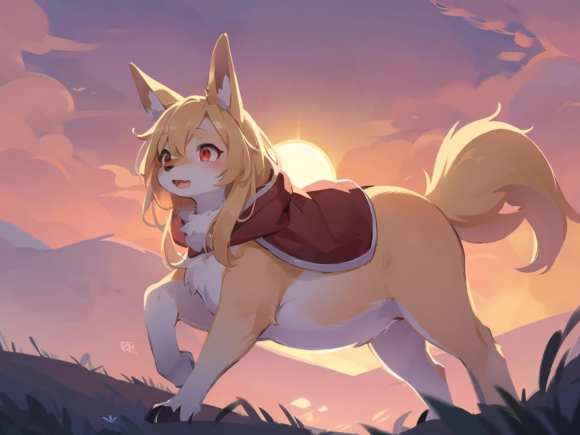 the fox, , was hairy, shaggy, skin fur, smooth lashes, golden fur, forelimb hands, straight long blonde hair, solid circle eyes, golden ears, golden fur, golden facial fur, shiny hair, red eyes, super cute face, 1fox tail, fluffy tail, furry tail, glowing eyes, green coat green hood down, white pants, riding unsaddled horse, open mouth, Peeing
, embarrassed, ambient light, ultra-fine fur, dashed eyes, full body, masterpiece, high quality, high-details, best quality, wide short, (((solo))), twilight, sun light, red sky, rim light