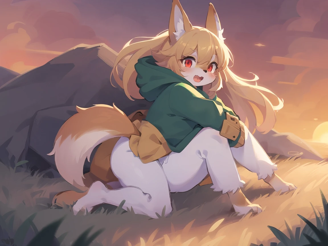  the fox, , was hairy, shaggy, skin fur, smooth lashes, golden fur, forelimb hands, straight long blonde hair, solid circle eyes, golden ears, golden fur, golden facial fur, shiny hair, red eyes, super cute face, 1fox tail, fluffy tail, furry tail, glowing eyes, green coat green hood down, white pants, riding unsaddled horse, open mouth, Peeing
, embarrassed, ambient light, ultra-fine fur, dashed eyes, full body, masterpiece, high quality, high-details, best quality, wide short, (((solo))), twilight, sun light, red sky, rim light