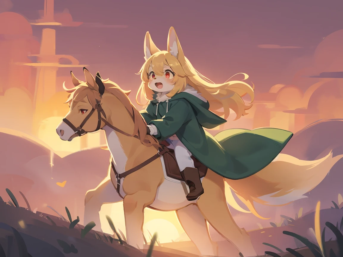 the fox, , was hairy, shaggy, skin fur, smooth lashes, golden fur, forelimb hands, straight long blonde hair, solid circle eyes, golden ears, golden fur, golden facial fur, shiny hair, red eyes, super cute face, 1fox tail, fluffy tail, furry tail, glowing eyes, green coat green hood down, white pants, riding unsaddled horse, open mouth, Peeing
, embarrassed, ambient light, ultra-fine fur, dashed eyes, full body, masterpiece, high quality, high-details, best quality, wide short, (((solo))), twilight, sun light, red sky, rim light